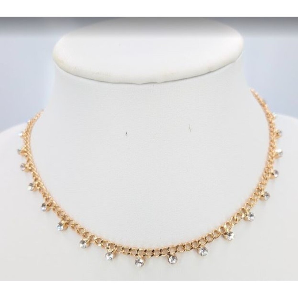 Rhinestone Necklace Gold Tone Clear Dangle Curb Chain Extender Lobster 19 Inch